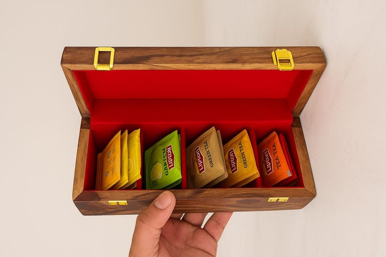 Engraved Wood Tea Box with 5 Compartments, Personalized Tea Organizer