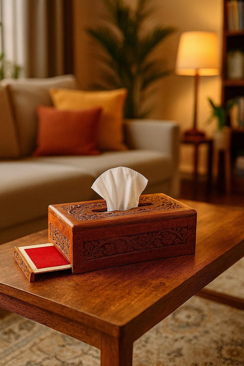 Hand-Carved Rosewood Tissue Box Cover with Velvet Drawer