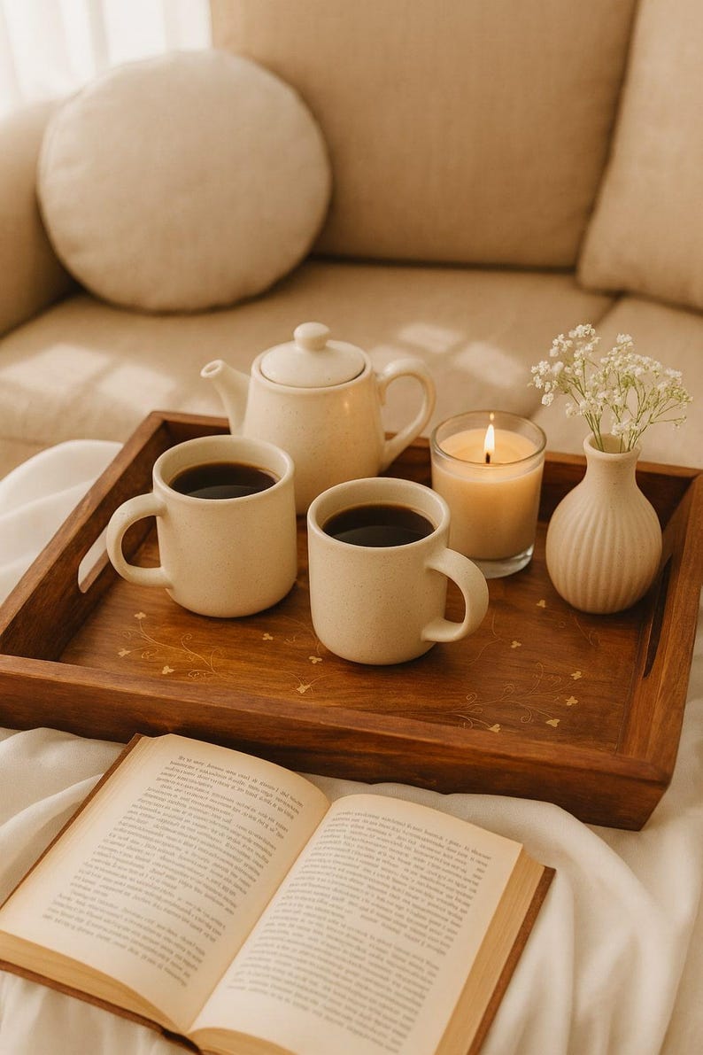 Rustic Rosewood Serving Tray with Handles: Farmhouse Ottoman Decor