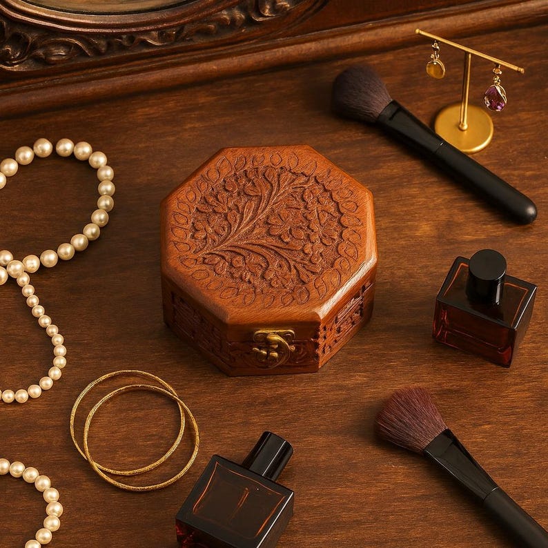 Engraved Wooden Jewelry Box – Necklace, Ring, Earring Holder, Christmas Gift for Mom, Wife, Girlfriend & Travel Jewelry Case