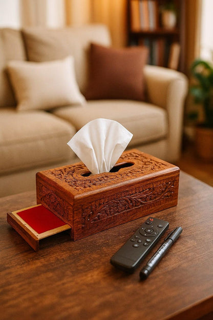Hand-Carved Rosewood Tissue Box Cover with Velvet Drawer