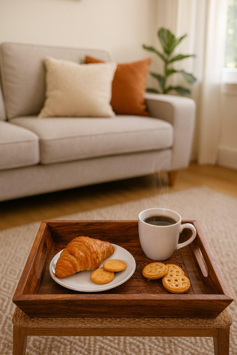 Rustic Wooden Serving Tray with Handles – Decorative Ottoman Tray for Tea, Coffee, and Farmhouse Home Decor