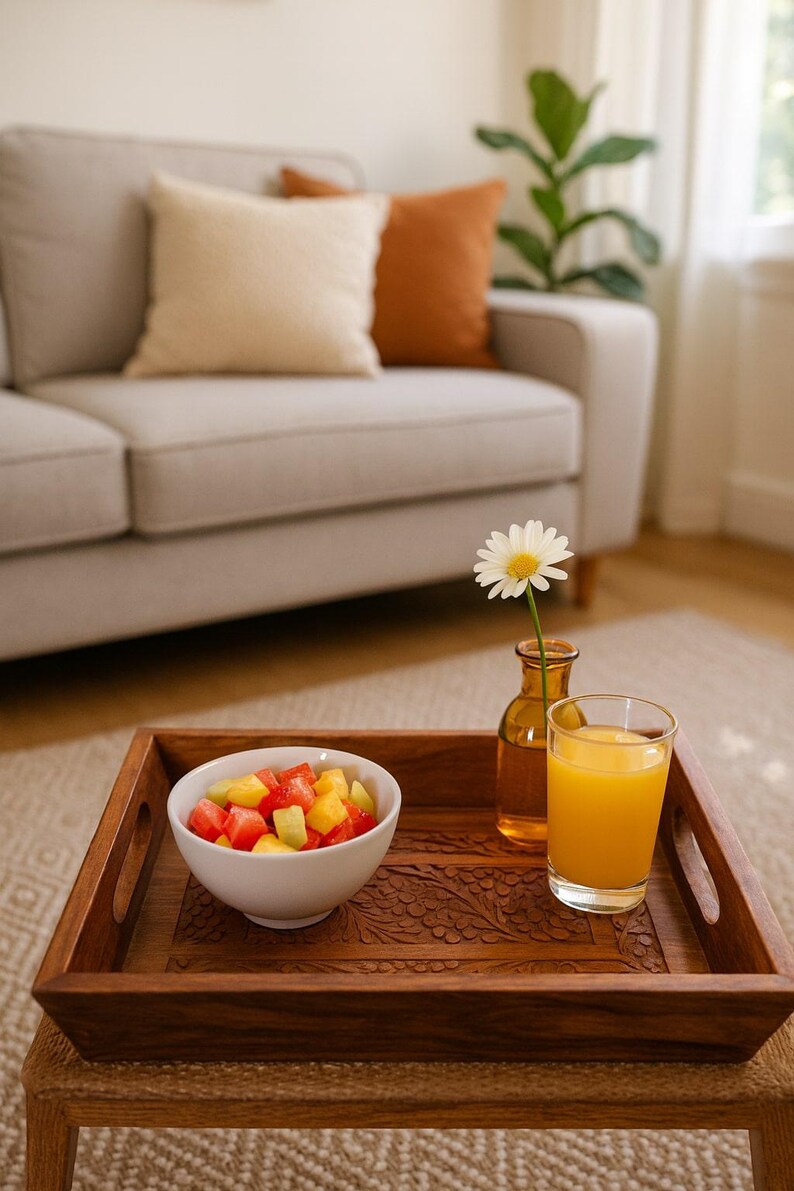 Rustic Wooden Serving Tray with Handles – Decorative Ottoman Tray for Tea, Coffee, and Farmhouse Home Decor