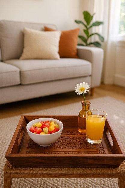 Rustic Wooden Serving Tray with Handles – Decorative Ottoman Tray for Tea, Coffee, and Farmhouse Home Decor