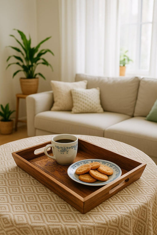 Rustic Wooden Serving Tray with Handles – Decorative Ottoman Tray for Tea, Coffee, and Farmhouse Home Decor
