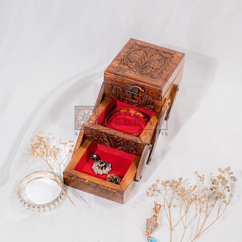Foldable Jewelry Organizer with Compartments, Engraved Wood Jewelry Box with Drawers and Lock, Jewellery Storage Box Unique Gift