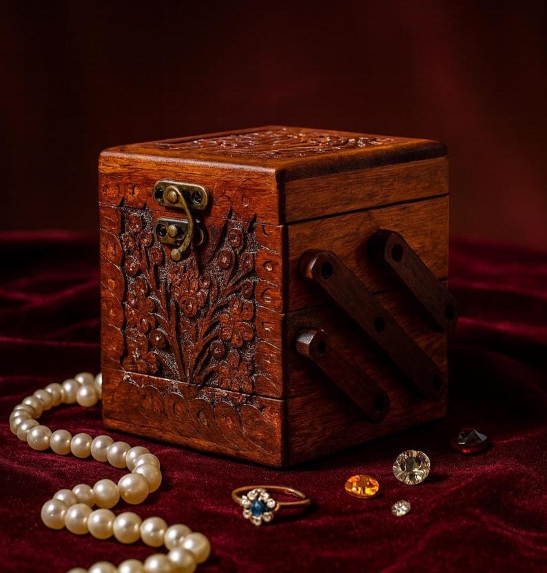 Foldable Jewelry Organizer with Compartments, Engraved Wood Jewelry Box with Drawers and Lock, Jewellery Storage Box Unique Gift