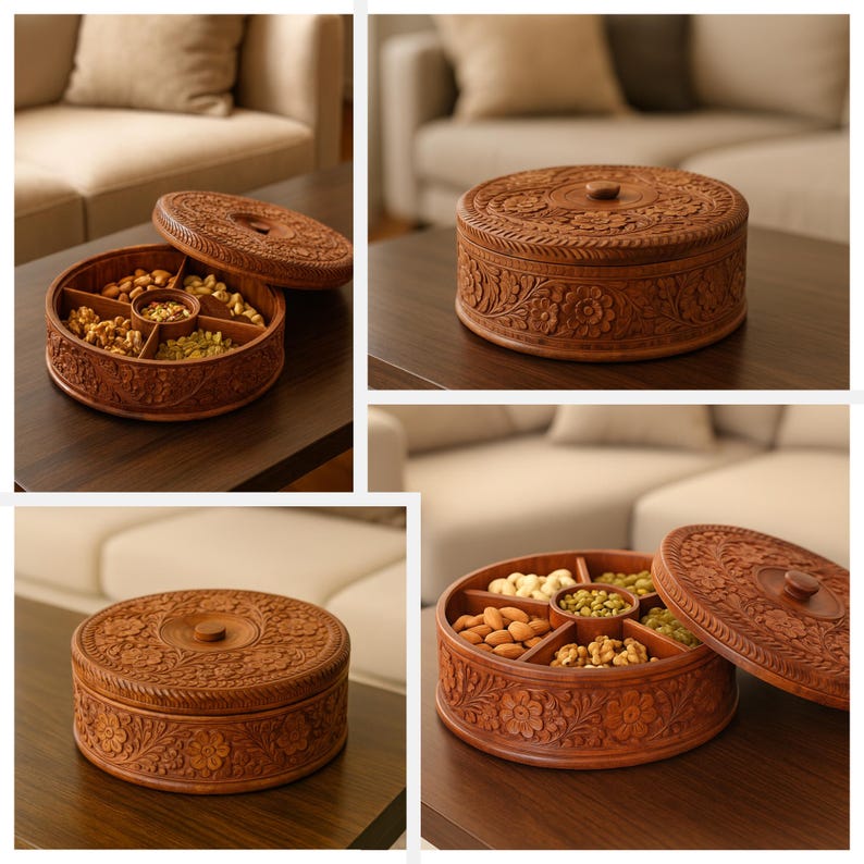 Handmade Wooden Storage Box: Indian Handicraft Dry Fruit Box Masala Dabba Gift for Mom Grandma