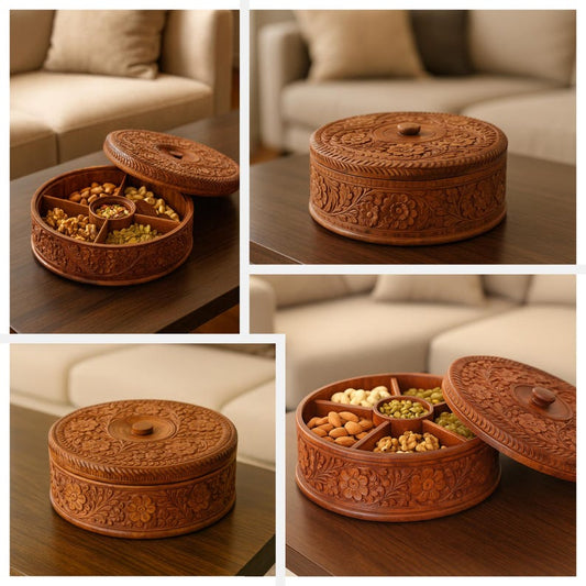 Handmade Wooden Storage Box: Indian Handicraft Dry Fruit Box Masala Dabba Gift for Mom Grandma