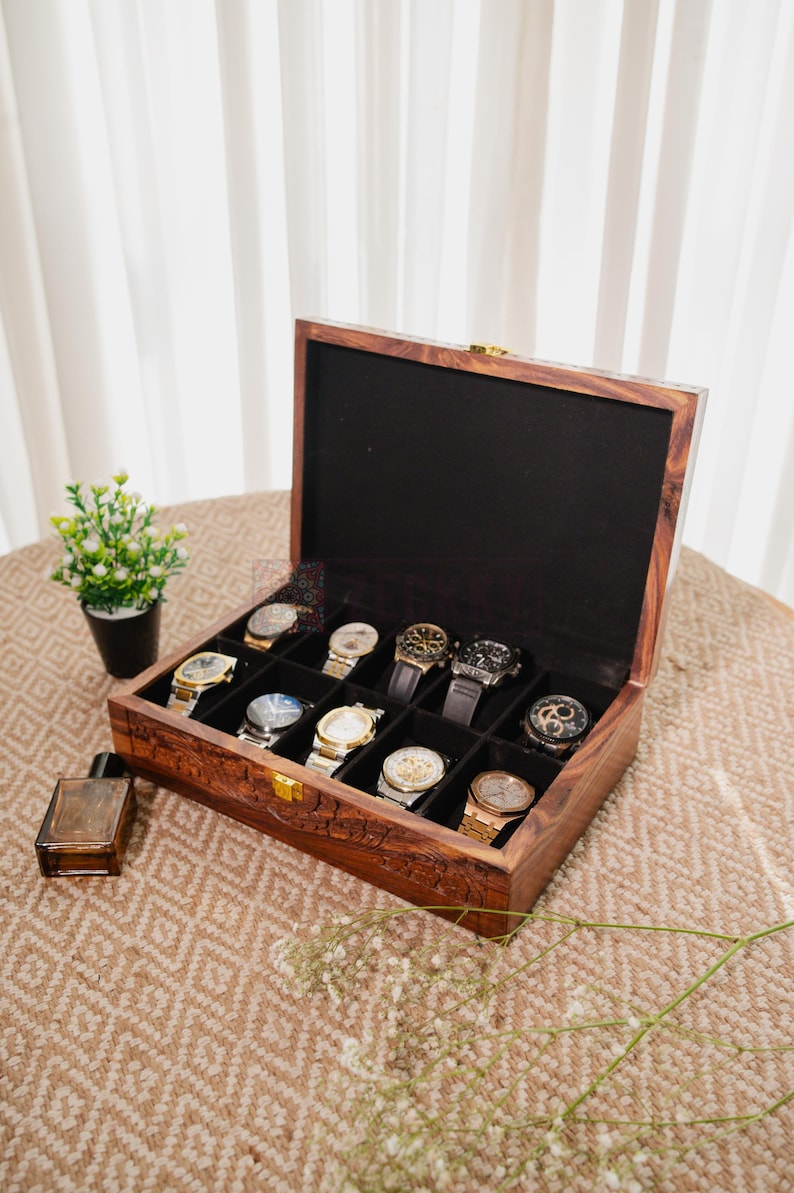 Engraved Wood Jewelry Box for Men: 10 Watch Box First Anniversary Gift for Him