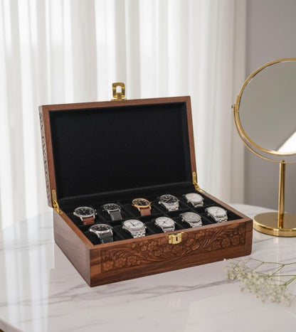 Wooden Watch Box for Men Jewelry Organizer Box with 10 Divider Slots and Pillows Best Gifts for Dad & Valentine Gift for Him