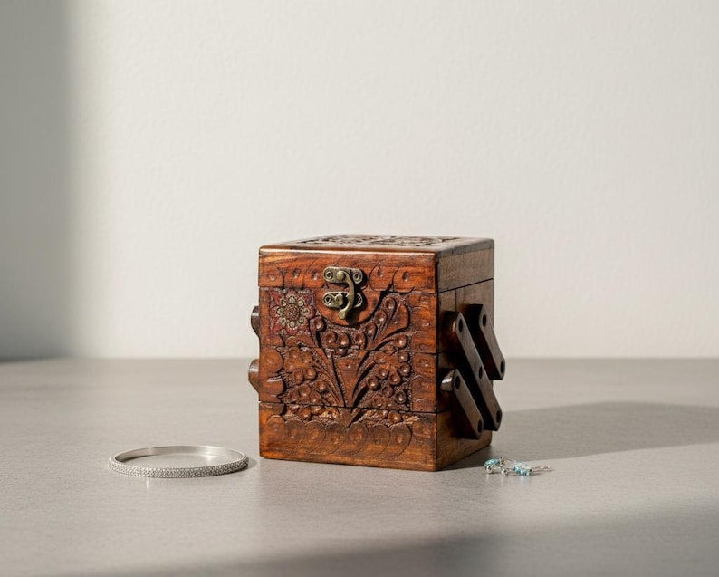 Handmade Rosewood Layered Jewelry Box: Engraved Vintage Storage