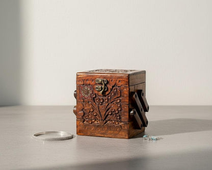 Handmade Rosewood Layered Jewelry Box: Engraved Vintage Storage