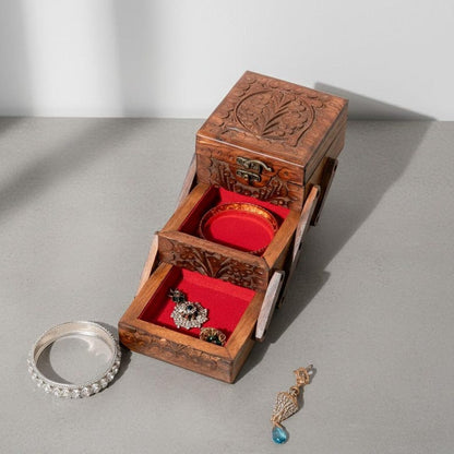 Handmade Rosewood Layered Jewelry Box: Engraved Vintage Storage
