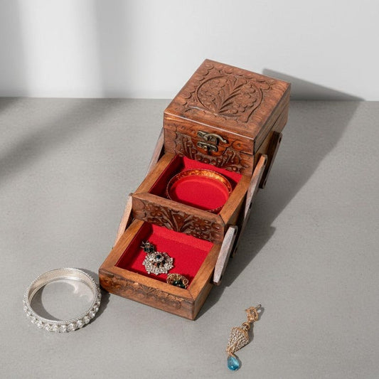 Handmade Rosewood Layered Jewelry Box: Engraved Vintage Storage