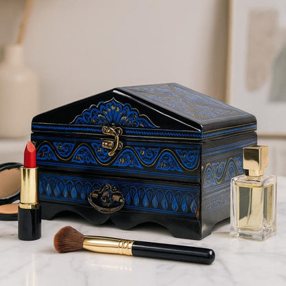 XL Hand Painted Makeup Organizer with Drawer - Womens Toiletry Box, Large Make up Cosmetic Box 7th Anniversary Gift for Wife