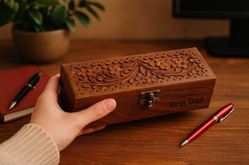 Custom Wooden Pen Box Engraved Pen Case Personalized Wood Pen Boxes Rustic Pen Storage Display Wooden Pen Gift for Him Dad