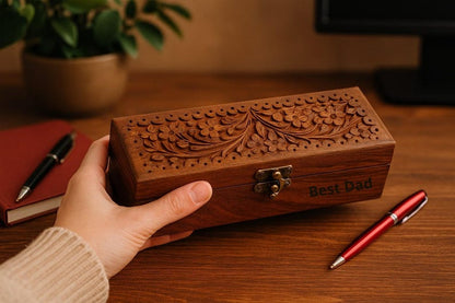 Engraved Wooden Pen Box: Personalized Gift for Him