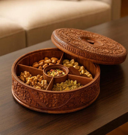 Handmade Wooden Storage Box: Indian Handicraft Dry Fruit Box Masala Dabba Gift for Mom Grandma