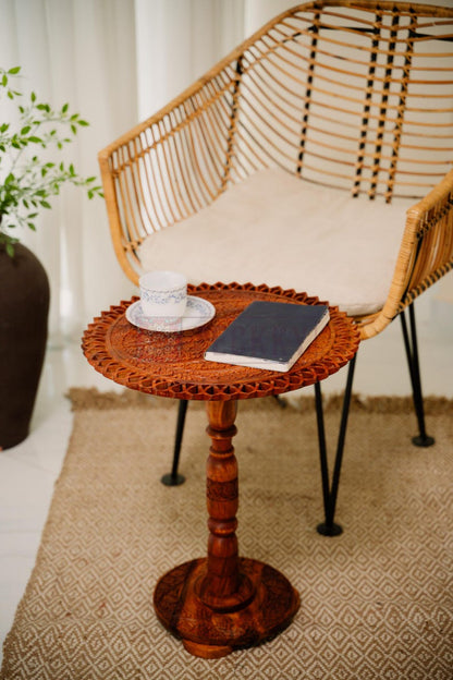 Foldable Boho Picnic Table, Engraved Natural Wood, Portable Side Table