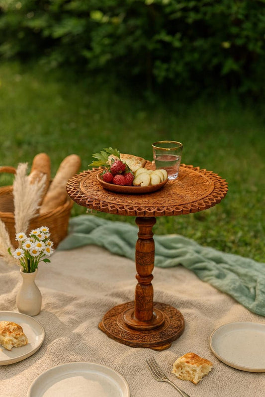 Foldable Boho Picnic Table, Engraved Natural Wood, Portable Side Table