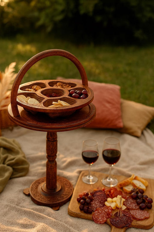 Handcrafted Wooden Wine Picnic Table – Boho Patio Serving Tray