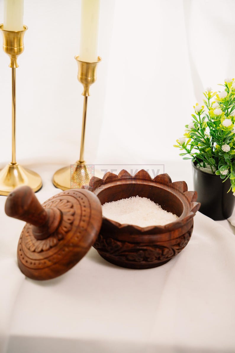 Handmade Wooden Sugar Bowl With Lid, Sugar Pot Kitchen Storage Accessories, Wood Carving Art Saltbox Salt Cellar Spice Jar Container