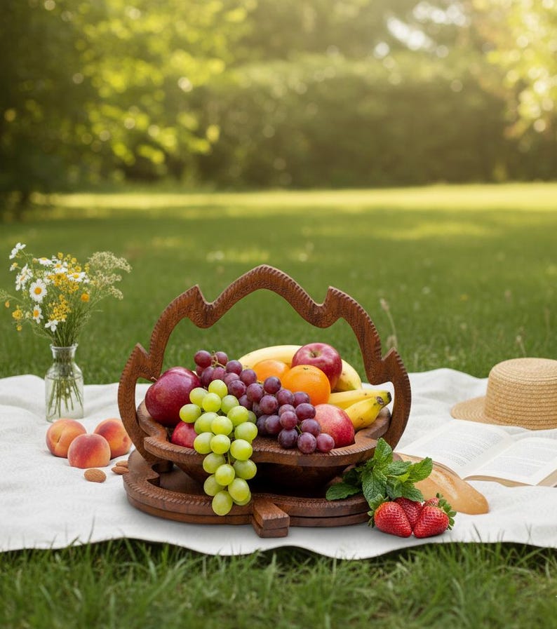 Wooden Fruit Basket Foldable Picnic Basket Collapsible Serving Trays Kitchen Decor Gift & Housewarming Gift