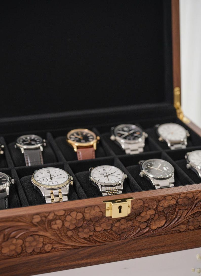 Engraved Wood Jewelry Box for Men: 10 Watch Box First Anniversary Gift for Him
