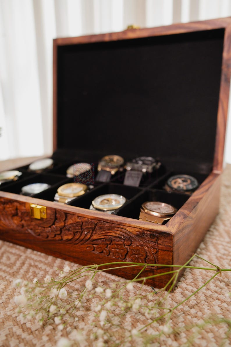 Engraved Wood Jewelry Box for Men: 10 Watch Box First Anniversary Gift for Him