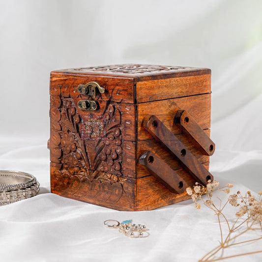 Foldable Jewelry Organizer with Compartments, Engraved Wood Jewelry Box with Drawers and Lock, Jewellery Storage Box Unique Gift