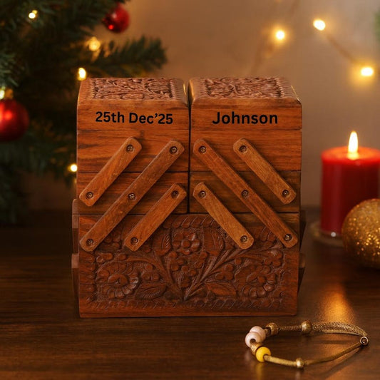 Personalize Jewelry Organizer with 7 Compartments, Engraved Wood Jewelry Box with Drawers and Mirror, Jewellery Storage Box Unique Gift