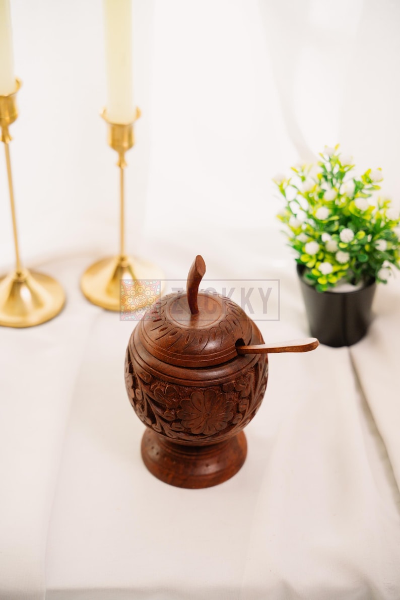 Wooden Salt Cellar Sugar Bowl with Lid & Spoon: Handmade Kitchen Organizer Unique Gift for Chefs