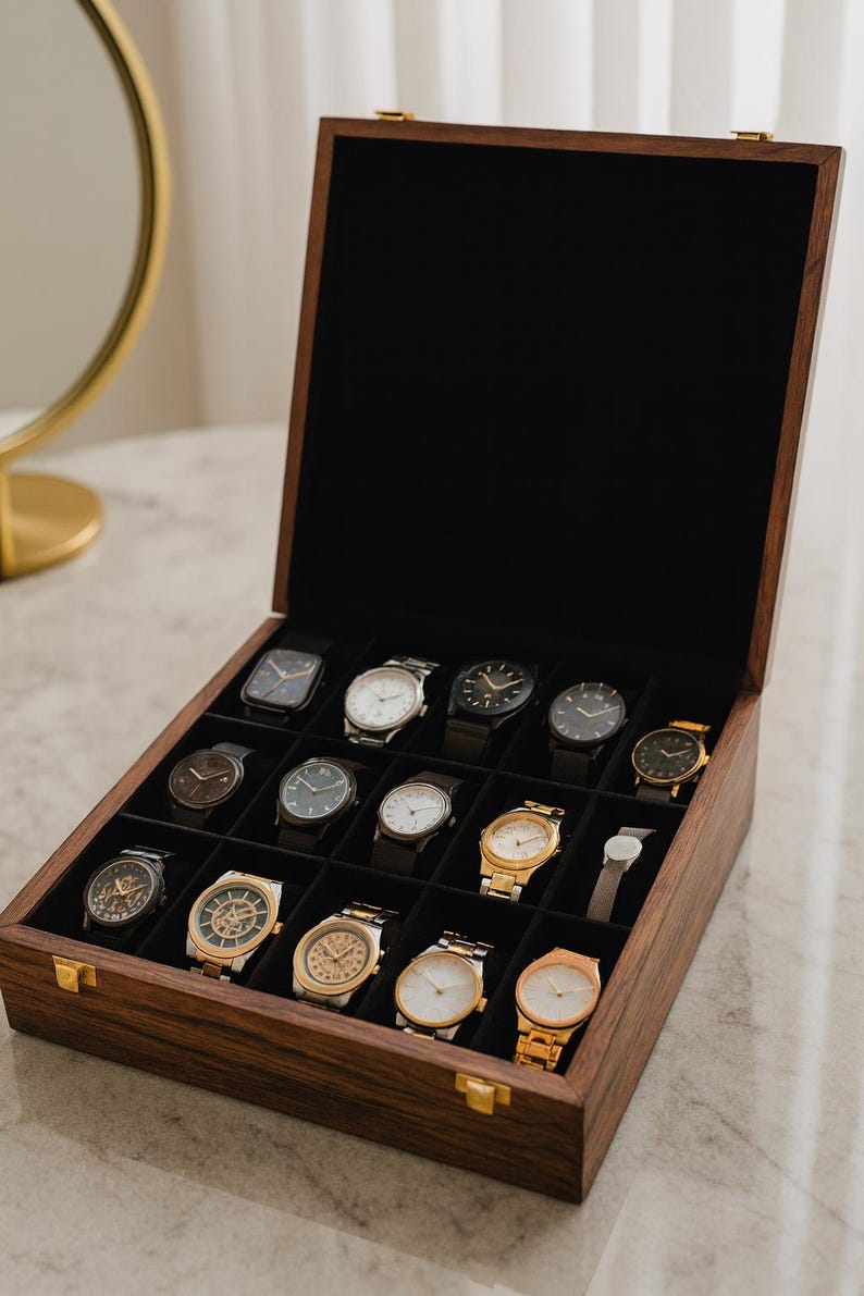 Personalized Watch Box Men 15 Slot Wooden Organizer Gift Dad Husband Son Anniversary Accessory Case