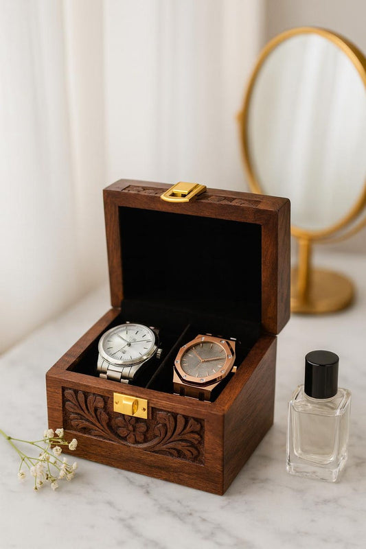 Engraved Watch Storage Box with Dual Slots Velvet Lined & Secure Metal Lock Wedding Anniversary Gift for Him