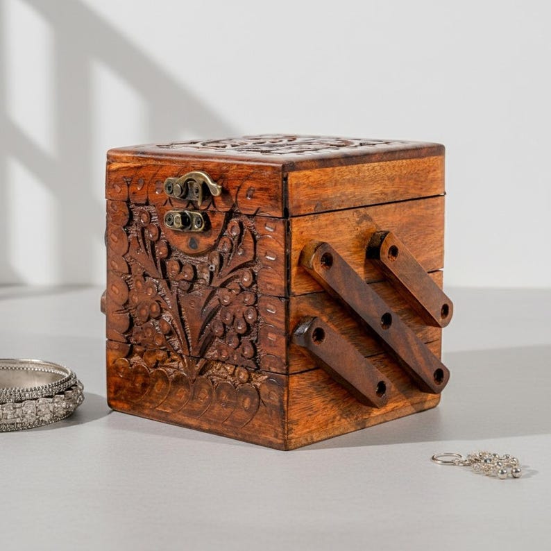 Handmade Rosewood Layered Jewelry Box: Engraved Vintage Storage