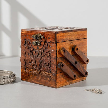 Handmade Rosewood Layered Jewelry Box: Engraved Vintage Storage
