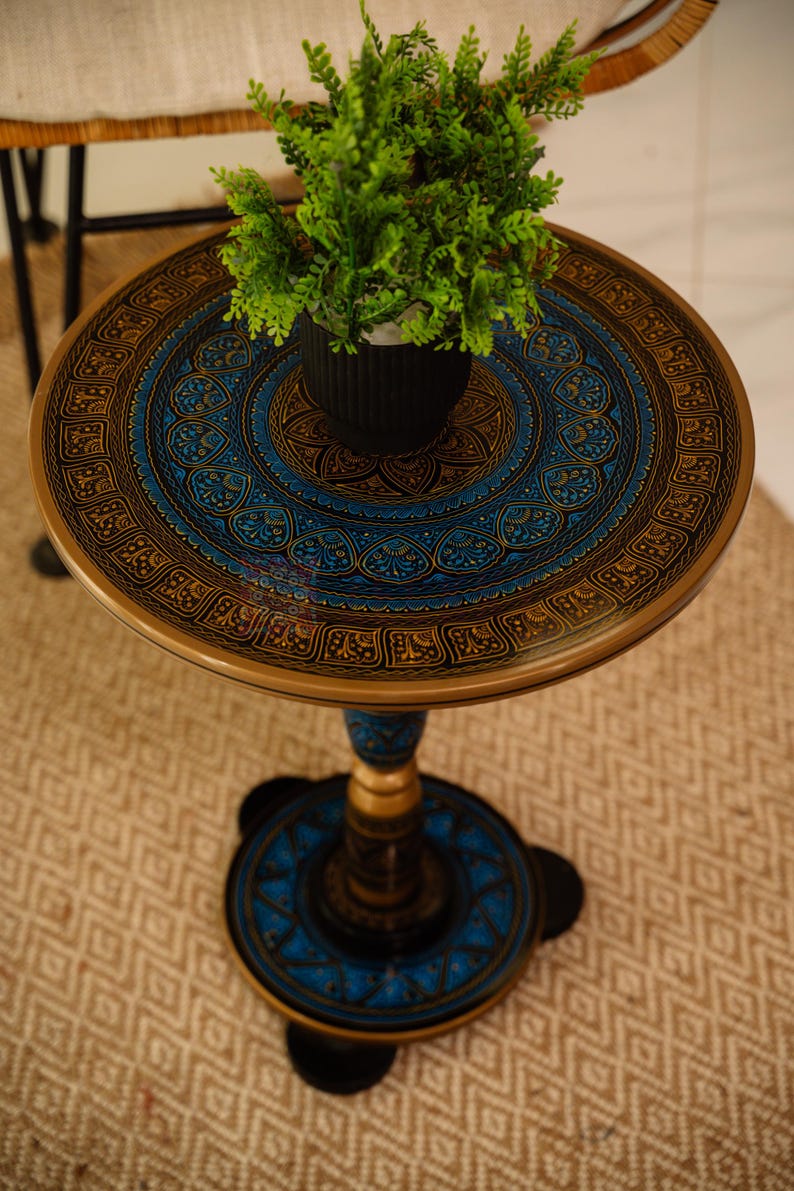 Hand-Painted Moroccan Round Coffee Table – Unique Boho Wooden End Table for Living Room & Bedroom Decor