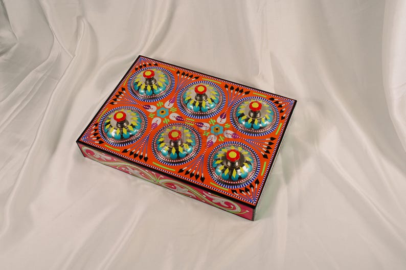 Hand-Painted Wooden Spice Box: 6 Compartment Indian Masala Dabba Organizer