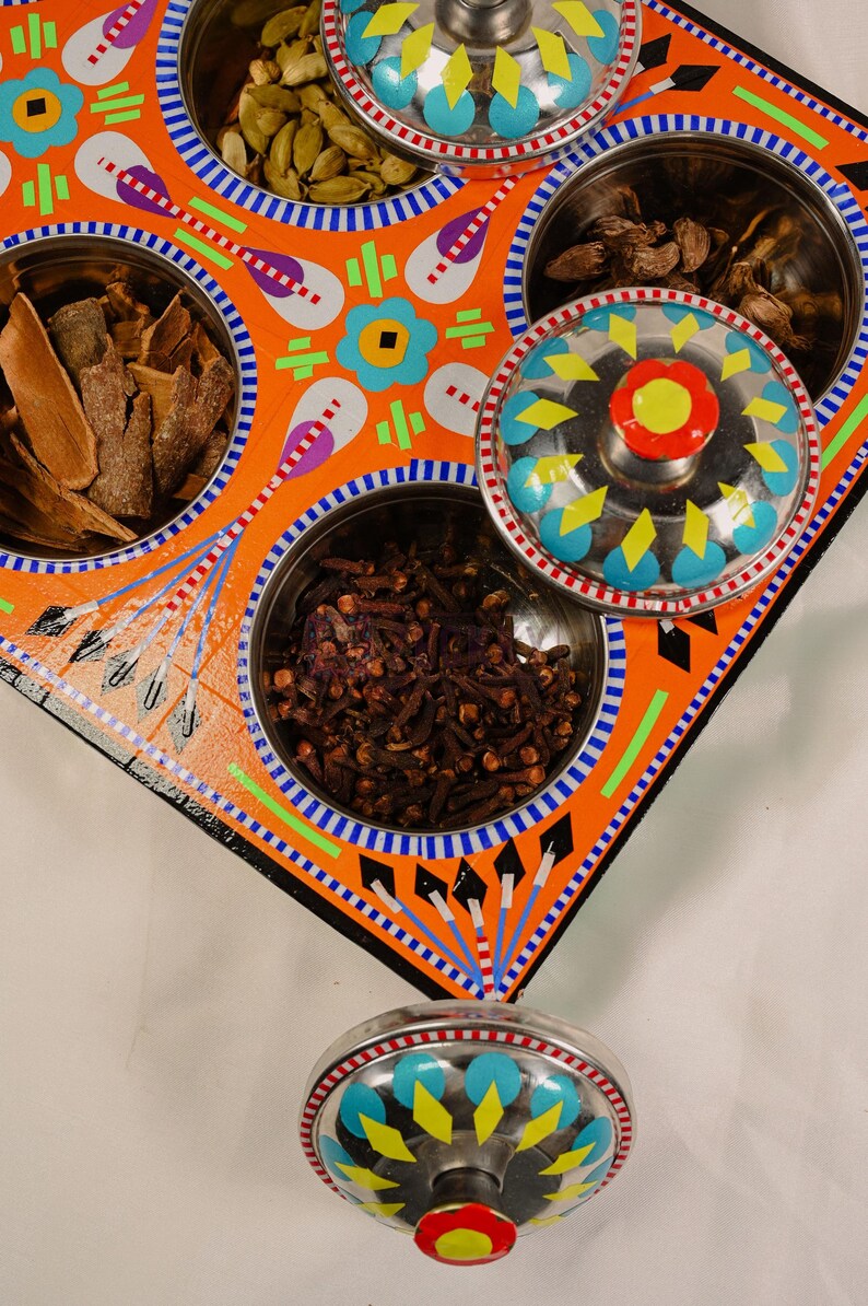 Hand-Painted Wooden Spice Box: 6 Compartment Indian Masala Dabba Organizer