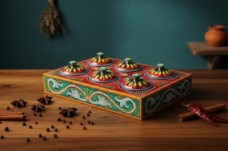 Hand-Painted Wooden Spice Box: 6 Compartment Indian Masala Dabba Organizer