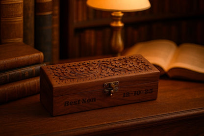 Engraved Wooden Pen Box: Personalized Gift for Him