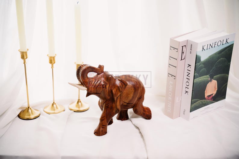 Hand-Carved Rosewood Elephant Sculpture, Rustic Home Decor