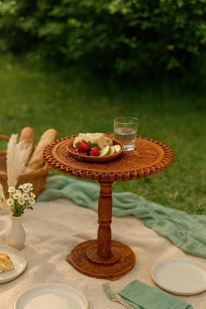 Foldable Boho Picnic Table, Engraved Natural Wood, Portable Side Table