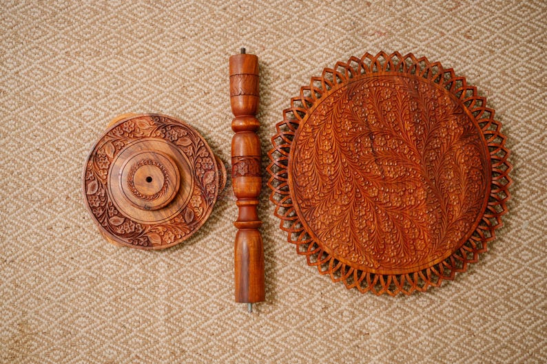 Foldable Boho Picnic Table, Engraved Natural Wood, Portable Side Table