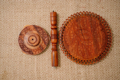 Foldable Boho Picnic Table, Engraved Natural Wood, Portable Side Table