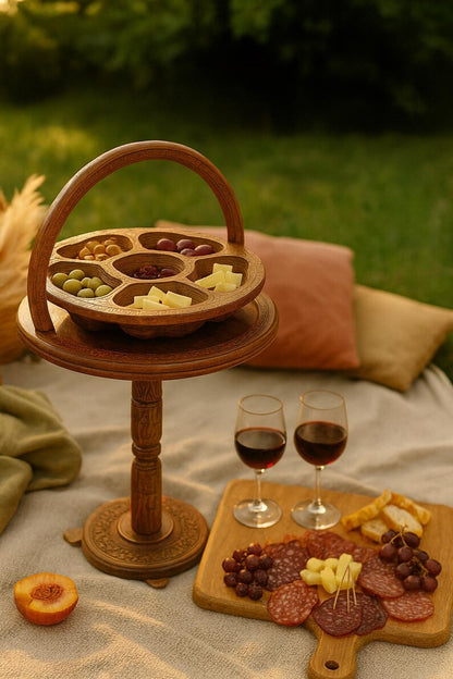 Handcrafted Wooden Wine Picnic Table – Boho Patio Serving Tray