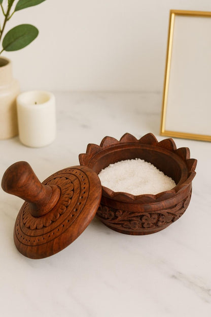 Handmade Wooden Sugar Bowl With Lid, Sugar Pot Kitchen Storage Accessories, Wood Carving Art Saltbox Salt Cellar Spice Jar Container