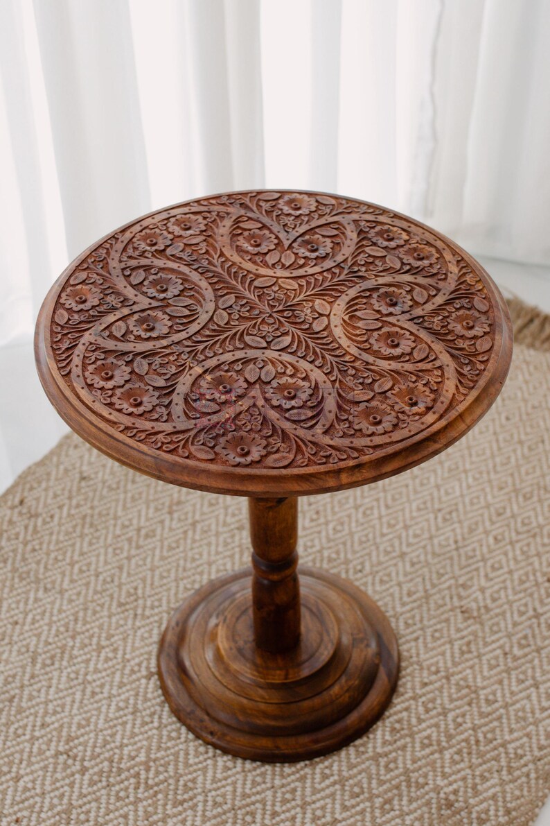 Round Side Table, Small End Tables for Living Room, Live Edge Table Farmhouse Decor, Engraved Wooden Folding Table, New House Gift