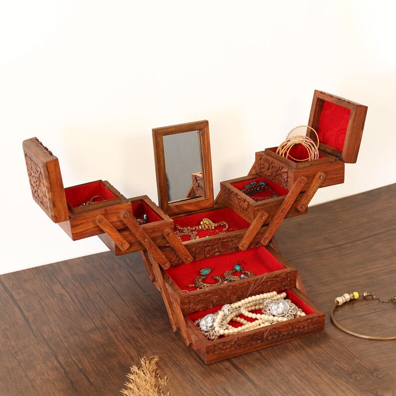 Personalize Jewelry Organizer with 7 Compartments, Engraved Wood Jewelry Box with Drawers and Mirror, Jewellery Storage Box Unique Gift